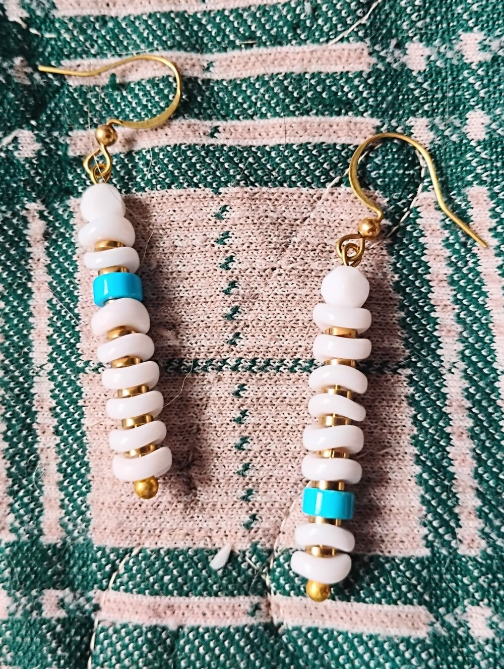 'Wavy' Turquoise and Vintage Milk Glass Column Earrings